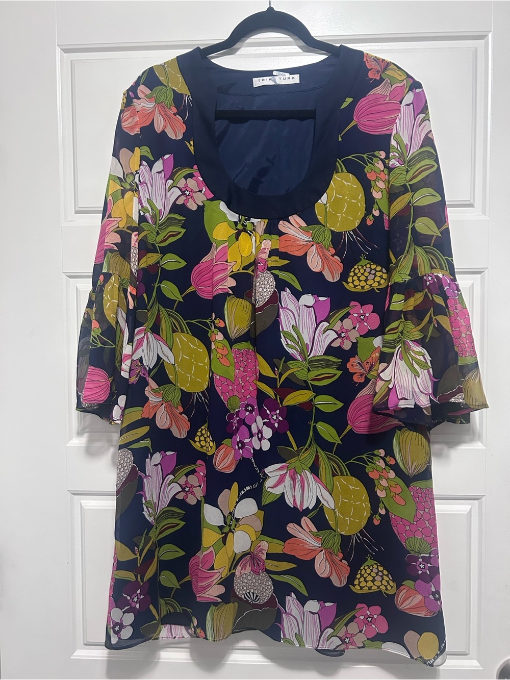 Trina Turk Bonita Silk Navy Floral Scoop-Neck Tunic with Pink & Green Blooms